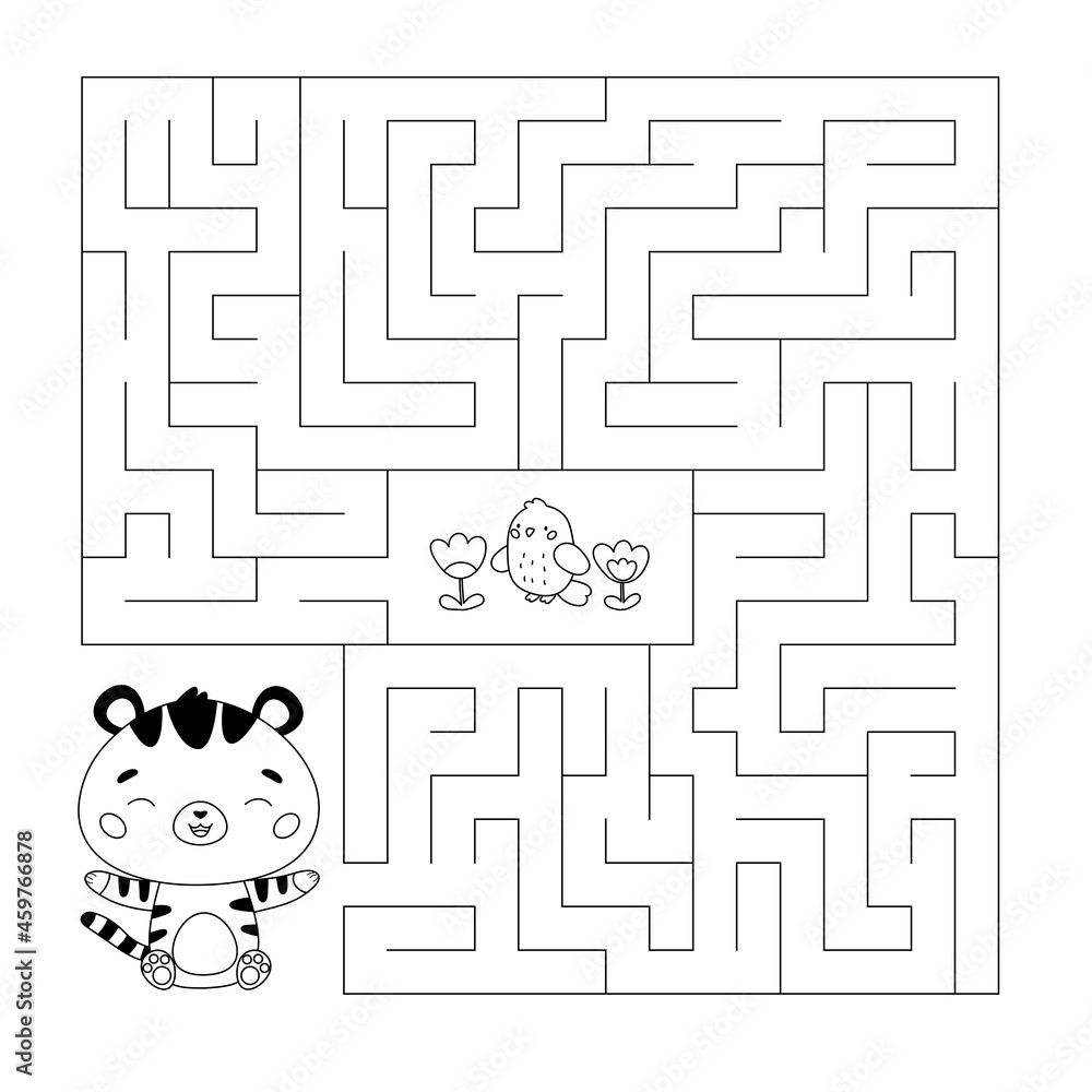 Wall mural coloring page with maze game for children. help the tiger find right way to his friend parrot. carto