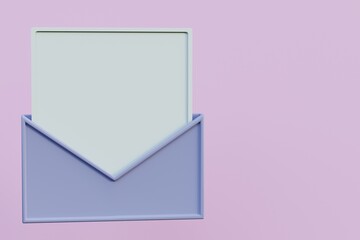 White blank sheet in an envelope isolated on pink background, 3d render