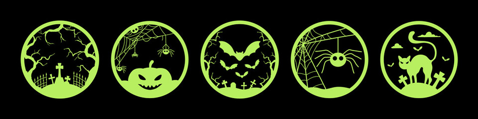Halloween concept. Bright green neon silhouettes of angry pumpkin, bats, spiders, cobwebs, graveyard, grave crosses, dry trees in a circle against an ominous black background. Vector illustration. - obrazy, fototapety, plakaty