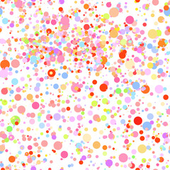 Abstract hand drown polka dots background. White dotted seamless pattern with rainbow circles. Template design for for Birthday, party holiday, banner, textile, fabric. Summer confetti illustration