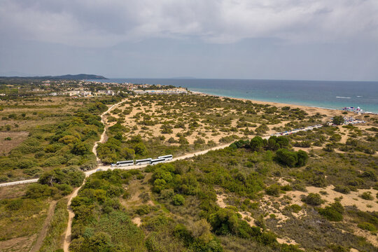 Aerial drone view over Issos beach, island of Corfu, Greece.