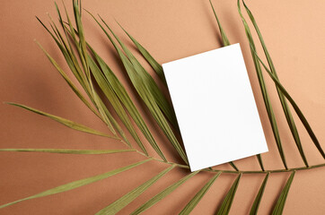 Invitation card mockup with palm tree leaf decoration