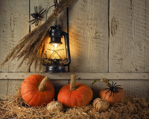 Autumn still life with pumpkins and lantern on a wooden background