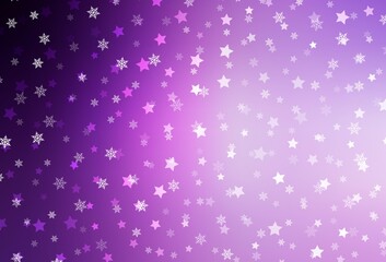 Light Purple, Pink vector background with xmas snowflakes, stars.