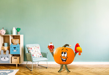 Pumpkin plays with puppets. Character design. Photo manipulation. Cartoon fresh green pea pod...