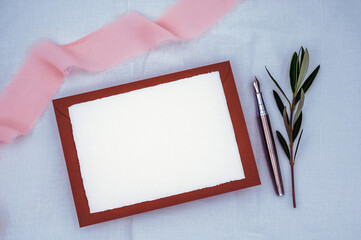 Greeting, wedding or congratulations stationery summer mockup. Blank stationery with brown...