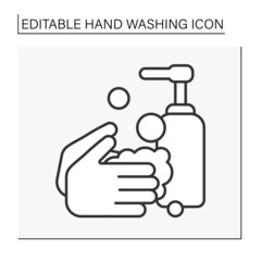  Hand washing line icon. Cleaning hands with soap foam. Hand disinfection. Hygiena concept. Isolated vector illustration. Editable stroke