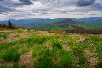 Hiking trail from Rozsypaniec to Halicz, Bieszczady Mountains Poland. 