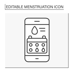  App line icon. Period tracker on mobile phone. Menstruation concept. Isolated vector illustration. Editable stroke