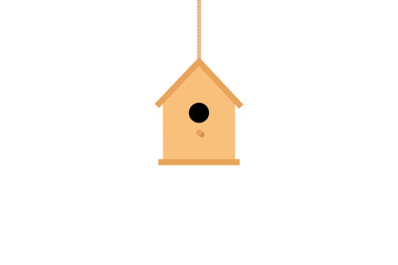 Cartoon drawing of wooden bird house hanging from a rope, vector illustration