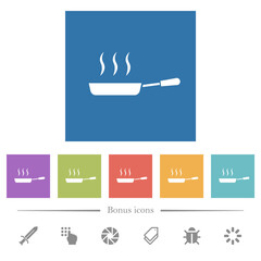 Steaming frying pan side view flat white icons in square backgrounds
