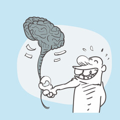 a cartoon man holds brain that like a balloon. funny illustration. background is on the separate layer.