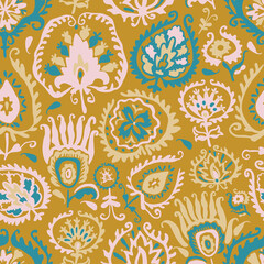 Vector seamless colorful design pattern botanical cute spring herbs and flowers in Boho colors
