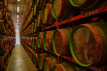 Spain, Gran Canaries, 20.09.2021: Canaries rum factory. Large barrels of rum of different years....