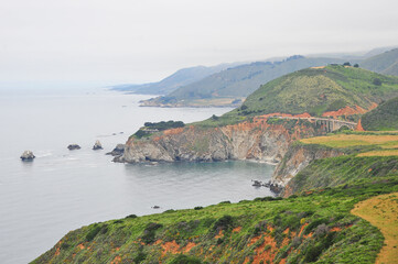 Cliff side ocean shoreline of the Pacific coastline of the United States near  Santa Maria,...