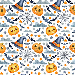 Watercolor seamless pattern for Halloween on a white background. Witch hat, pumpkins, bats, spider webs, clouds and stars.