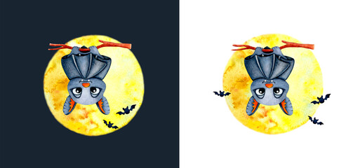 Halloween illustration. A cute cartoon bat hanging on a branch. In the background there is a yellow full moon and silhouettes of bats. Watercolor illustration on white and dark background.