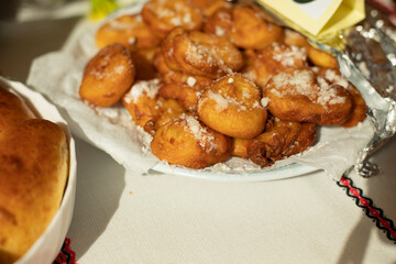 Homemade cakes. Pies with filling. Fried food. Sweets from dough. Russian cuisine.
