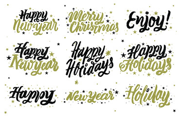 'Happy Holidays', 'Merry Christmas' Vector typography.  Lettering Calligraphy Collections. Hand Drawn Typography Headlines Set for Greeting Cards, Print, Posters.
Vector illustrations. 