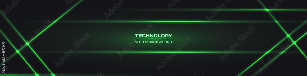 Poster Black wide abstract tech horizontal vector background with green neon lines. Technology banner with green luminous lines. Futuristic technological modern background.