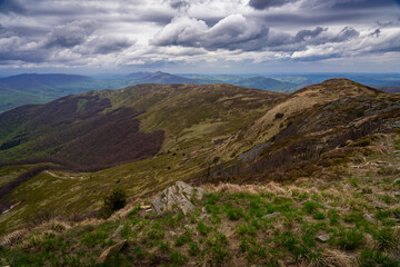 Hiking trail to Tarnica during cloudly day in Bieszczady mountains Poland 