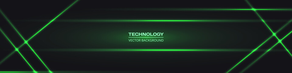 Black wide abstract tech horizontal vector background with green neon lines. Technology banner with green luminous lines. Futuristic technological modern background.