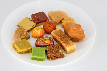 Selective focused , Indian Diwali Sweets plater, traditional sweets with decorative