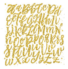 Vector Gold Alphabet Lettering. Abc glitter pattern. Holidays typography background. 