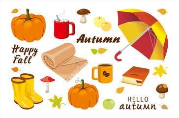 Vector set of autumn icons: umbrella, rubber boots,  leaves, cozy plaid, pumpkin, apple, mushroom, book, coffee,  cocoa with marshmallows, lettering. Collection of scrapbook elements of the autumn