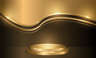 Golden circle podium on dark luxury background. Three-dimensional pedestal, round scene, display for product. Luxury abstract stage or scene platform. Vector illustration.