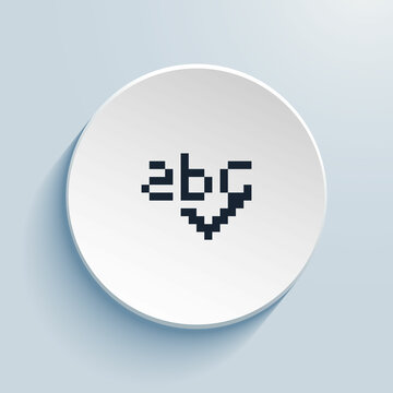 spellcheck pixel art icon design. Button style circle shape isolated on white background.