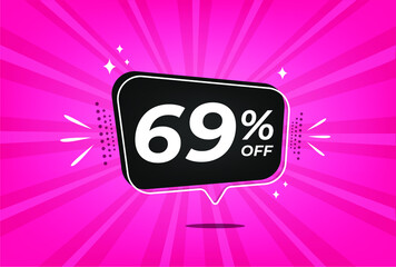 69 percent discount. Pink banner with floating balloon for promotions and offers.