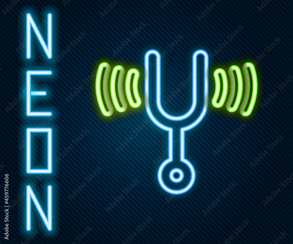 Poster glowing neon line musical tuning fork for tuning musical instruments icon isolated on black backgrou
