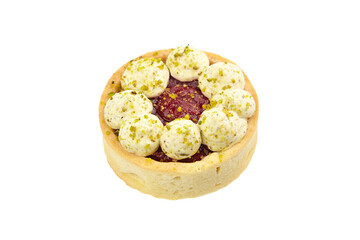 Sweet mini tart with pistachio and raspberry isolated on white