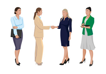 Obraz premium Collection Business people woman design vector in different poses Set successful business woman or a teacher. business women shake hands. illustrations of corporate dress code. 