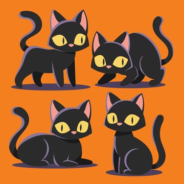 Hand Drawn Flat Halloween Black Cats Collection Vector Design Illustration