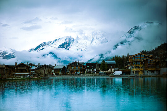 Lake Le Praz, Courchevel in the spring while the snow is melting