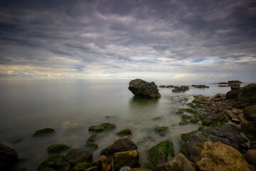 Rocks, soft sea and clouds in the sky, beautiful landscape in long exposure photography. Of, Trabzon,Turkey