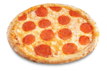 Fresh baked cheese pepperoni pizza on a white isolated background