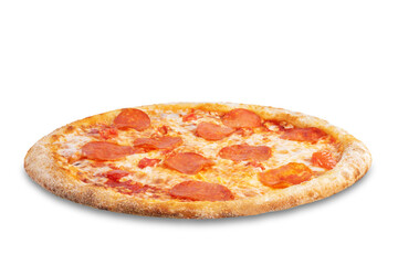 Fresh baked cheese pepperoni pizza on a white isolated background