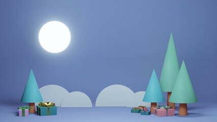3d render of landscape with moon,  christmas trees and gift