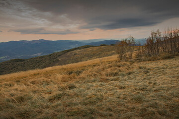 Hiking trail to Mala Rawka in Bieszczady Mountains, Poland (cloudly day in autumn) 