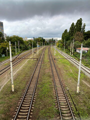Naklejka na ściany i meble Vertical top shot of railroad tracks in the grass