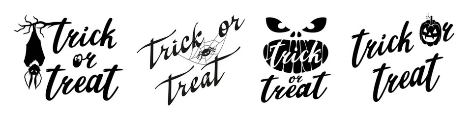 Trick or Treat scary calligraphy letters in cobweb. Set. Vector Illustration isolated on white background for Halloween day.