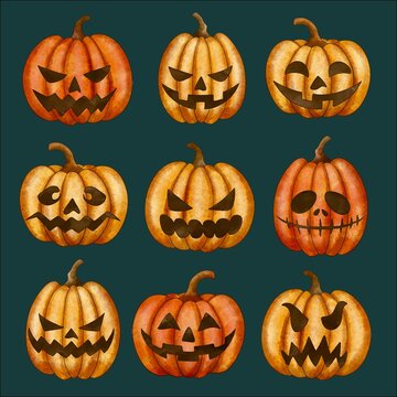 watercolor halloween pumpkins collection vector design illustration