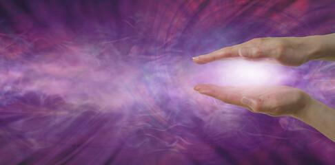 Reiki Magenta Healing Message Banner Background  - Healer with parallel hands and pink light...