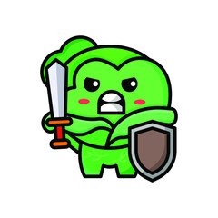 cute cabbage holding sword and shield icon illustration vector graphic