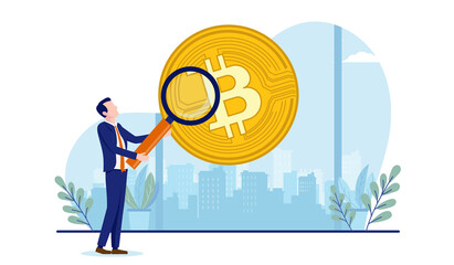 Bitcoin research - Businessman with magnifying glass looking at cryptocurrency. Vector illustration