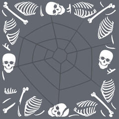 square frame with skulls, bones and cobwebs on gray background
