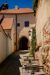 Fototapeta na wymiar Trebic, Bohemia, Czech Republic, 06 July 2021: Narrow picturesque street with colorful buildings in historic center in medieval city, renaissance and baroque historical buildings at summer sunny day